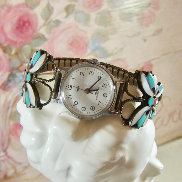 Vintage Sterling RA Wallace Signed Butterly Zuni Turquoise, MOP watch band main image 7